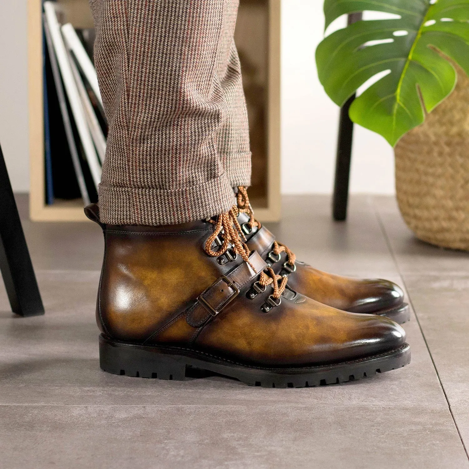 Ambrogio Bespoke Men's Shoes Tobacco Patina Leather Hiking Boots (AMB2395)