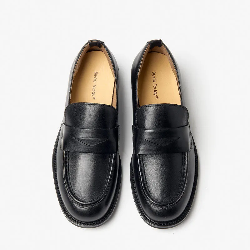 BeauToday Classic Soft Leather Penny Loafers with Round Toe for Women