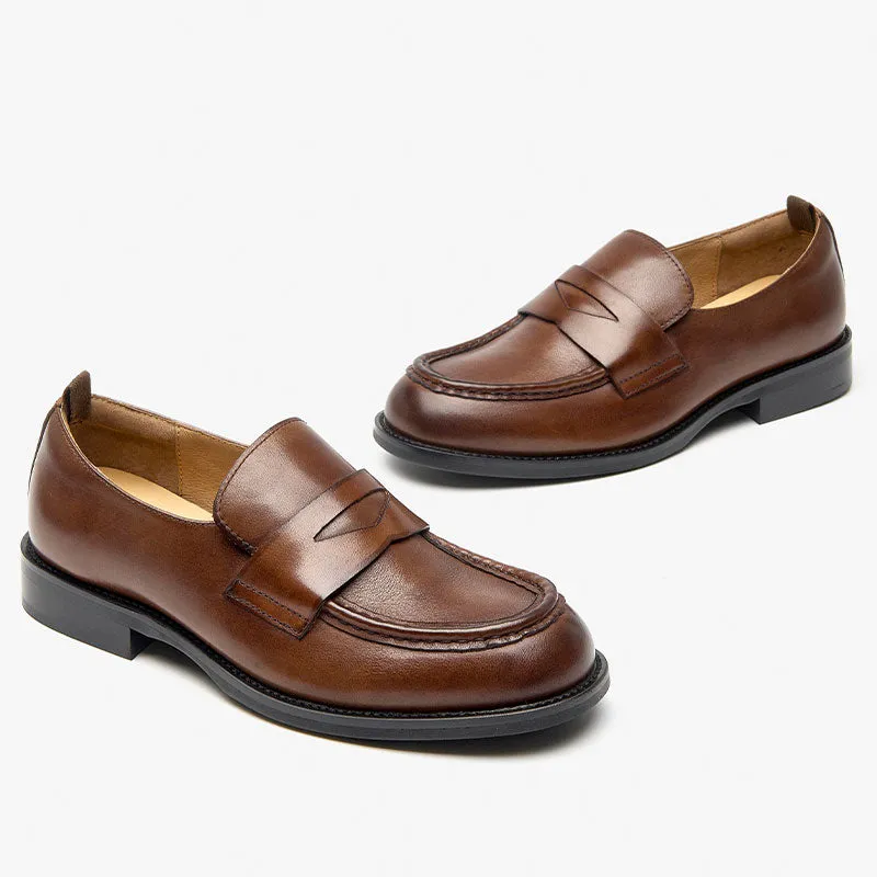 BeauToday Classic Soft Leather Penny Loafers with Round Toe for Women