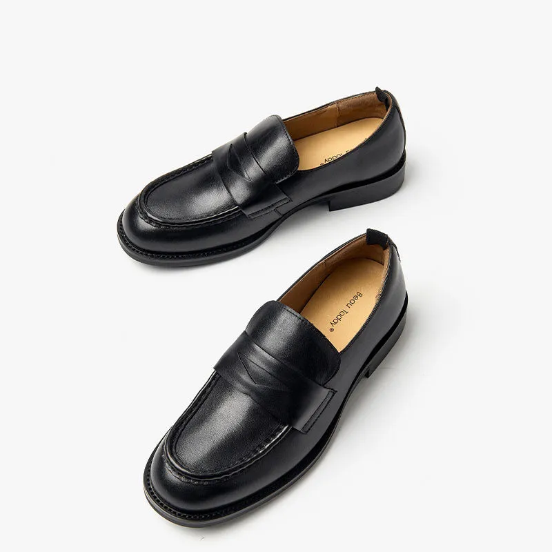 BeauToday Classic Soft Leather Penny Loafers with Round Toe for Women