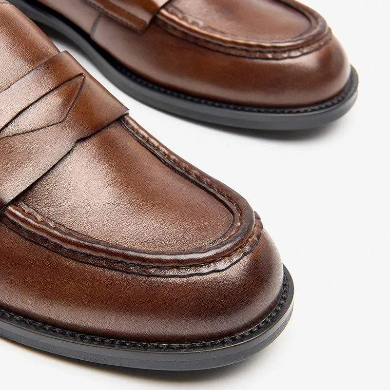 BeauToday Classic Soft Leather Penny Loafers with Round Toe for Women