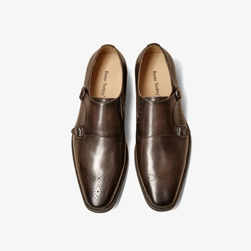 BeauToday Men's Italian Cowhide Sleek Modern Brogues Monk Strap Oxfords Shoes
