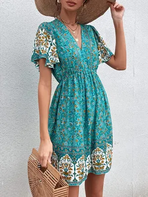 Blue Floral Print Women's Boho Tribal Print Short Sleeve V Neck Tie Back Summer Shift Dress - Romwe
