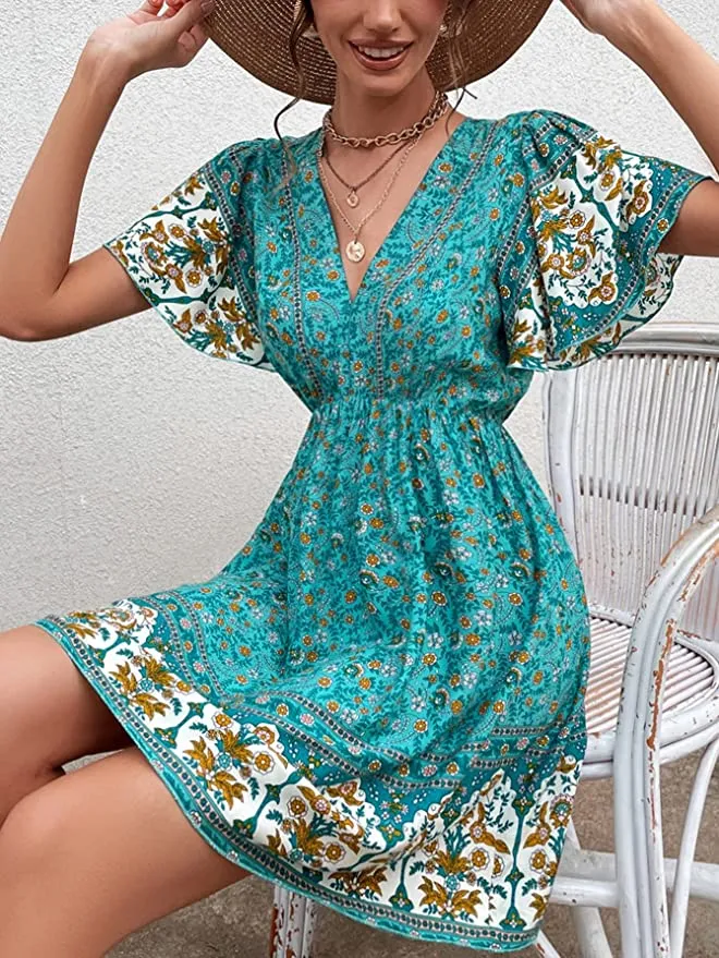 Blue Floral Print Women's Boho Tribal Print Short Sleeve V Neck Tie Back Summer Shift Dress - Romwe