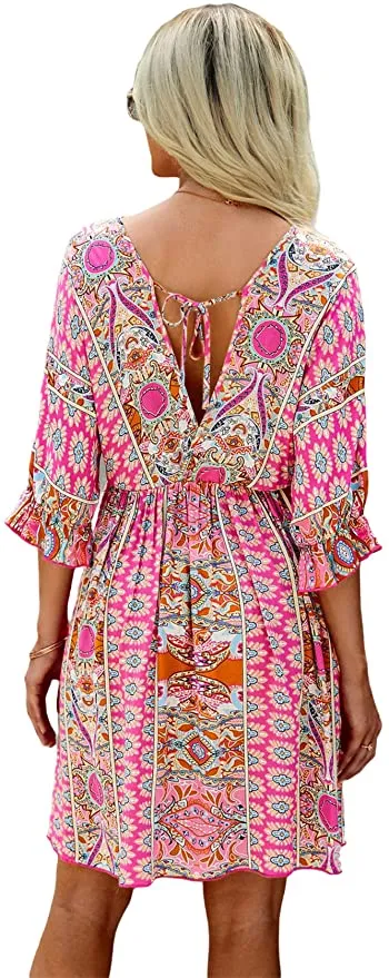 Blue Floral Print Women's Boho Tribal Print Short Sleeve V Neck Tie Back Summer Shift Dress - Romwe