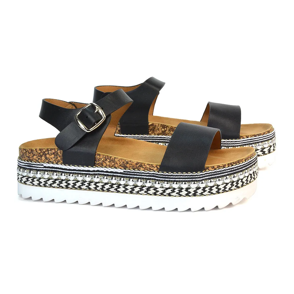 Bonnie Strappy Flat Sandals Chunky Flatform Wedges in White