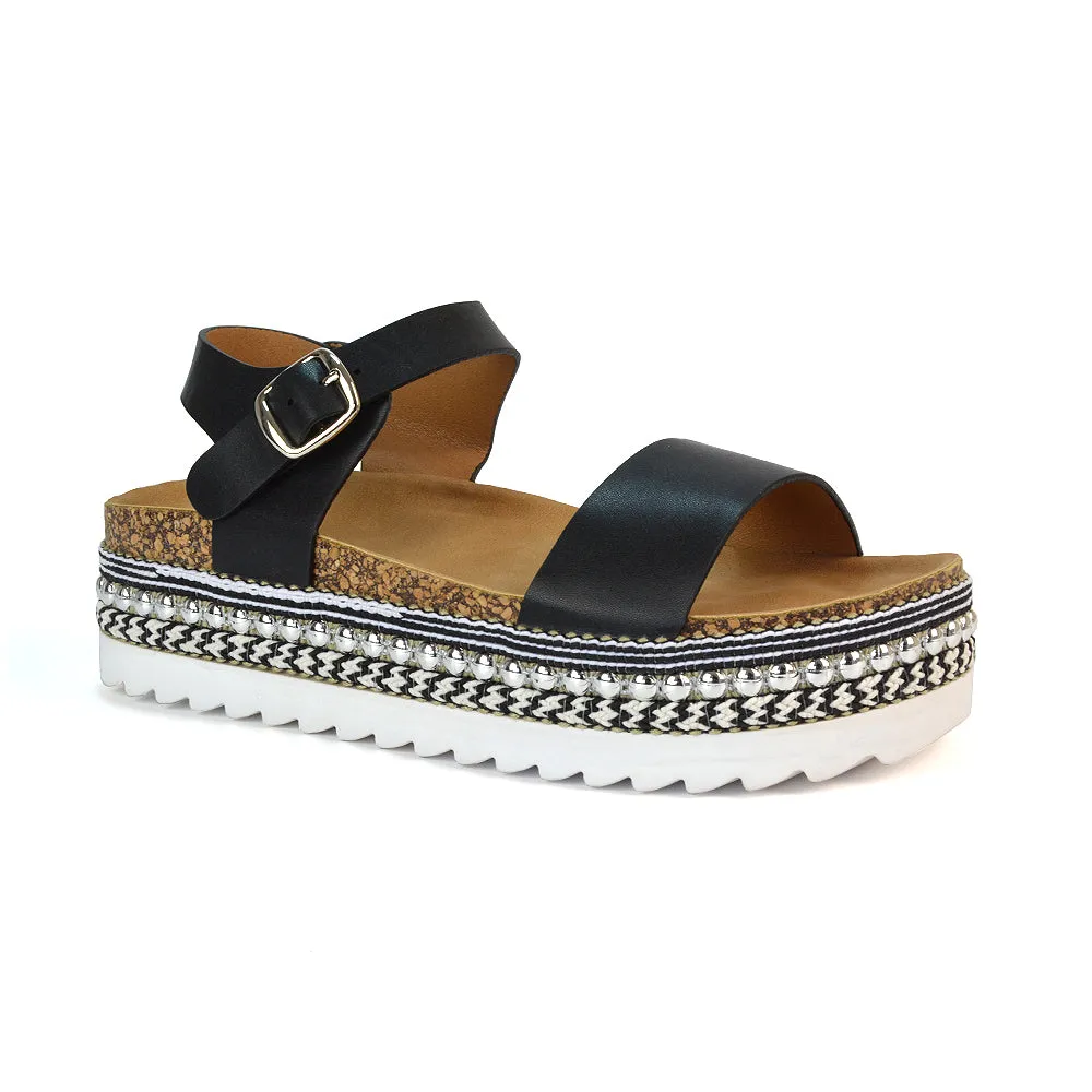 Bonnie Strappy Flat Sandals Chunky Flatform Wedges in White