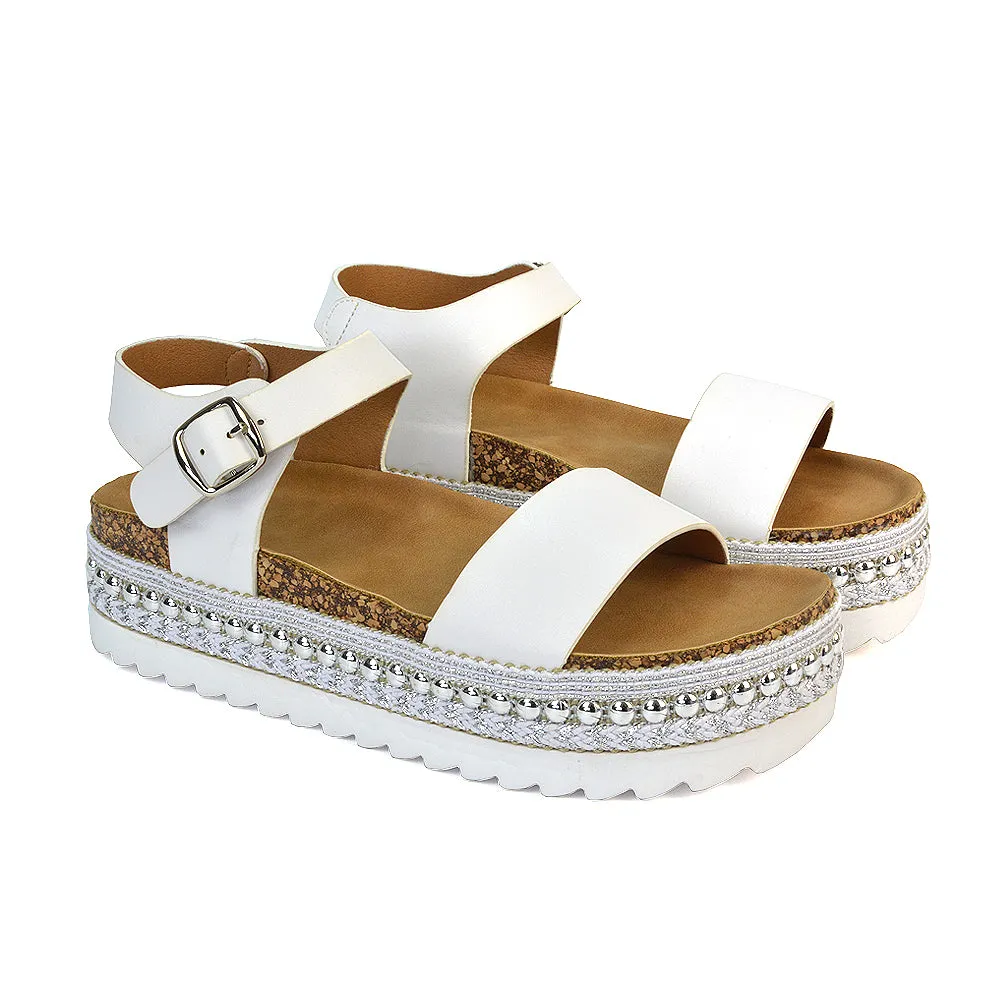 Bonnie Strappy Flat Sandals Chunky Flatform Wedges in White