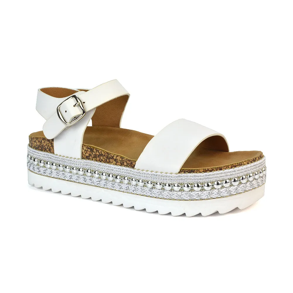 Bonnie Strappy Flat Sandals Chunky Flatform Wedges in White
