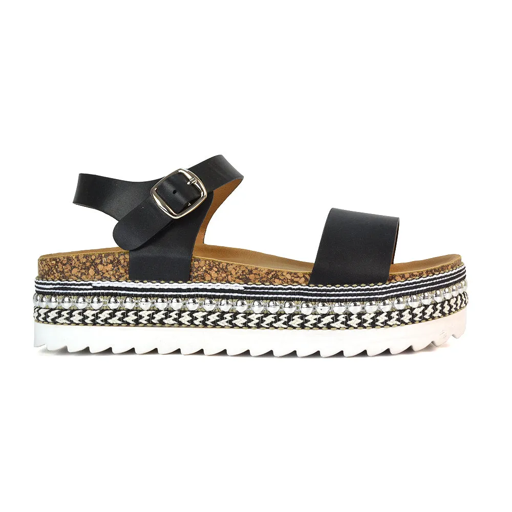 Bonnie Strappy Flat Sandals Chunky Flatform Wedges in White