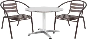 BTExpert Indoor Outdoor 23.75" Round Restaurant Table Stainless Steel Silver Aluminum   2 Bronze Metal Slat Stack Chairs Commercial Lightweight