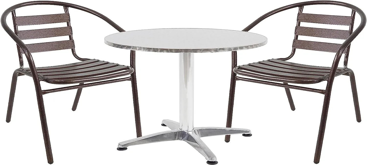 BTExpert Indoor Outdoor 23.75" Round Restaurant Table Stainless Steel Silver Aluminum   2 Bronze Metal Slat Stack Chairs Commercial Lightweight