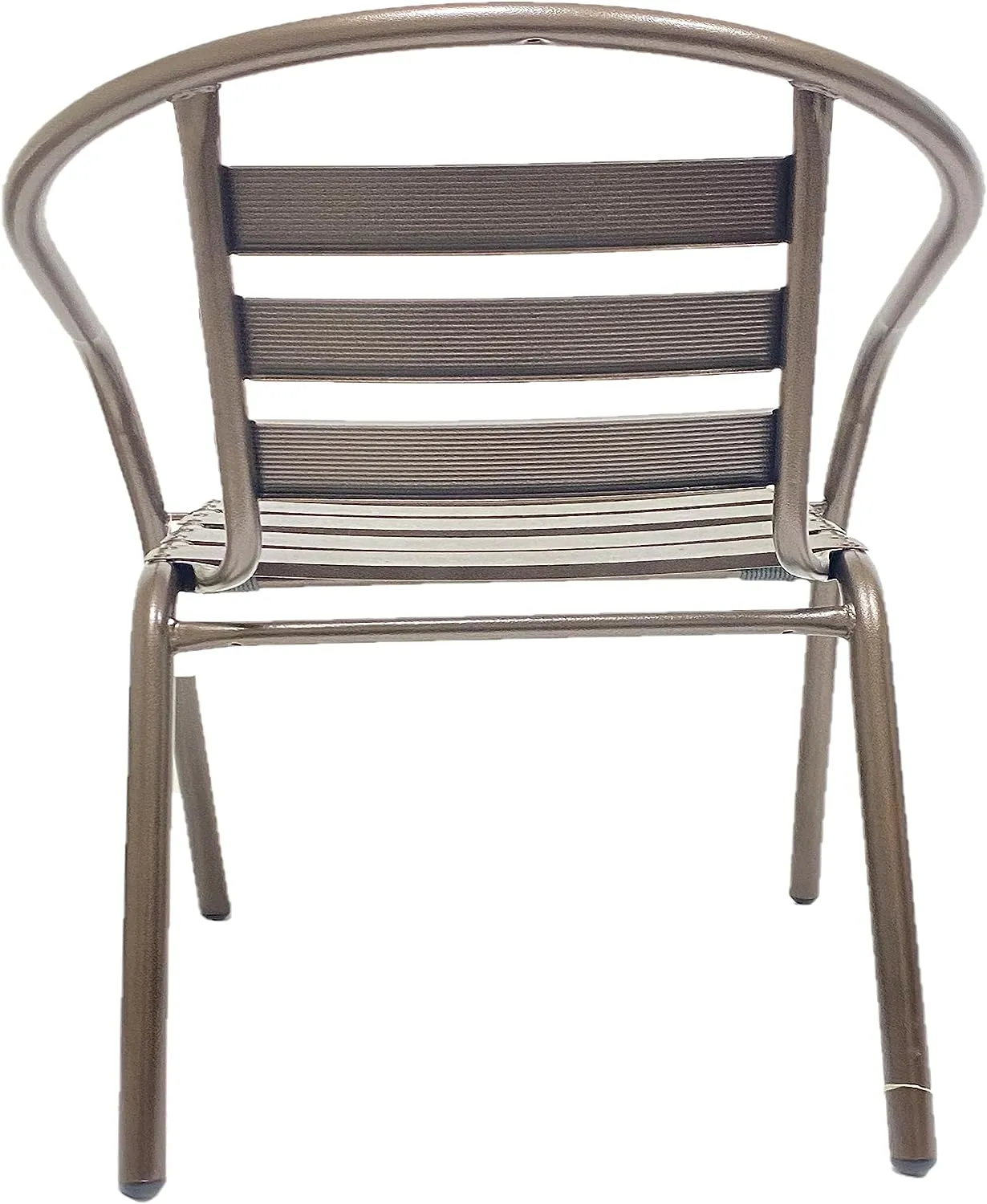 BTExpert Indoor Outdoor 23.75" Round Restaurant Table Stainless Steel Silver Aluminum   2 Bronze Metal Slat Stack Chairs Commercial Lightweight