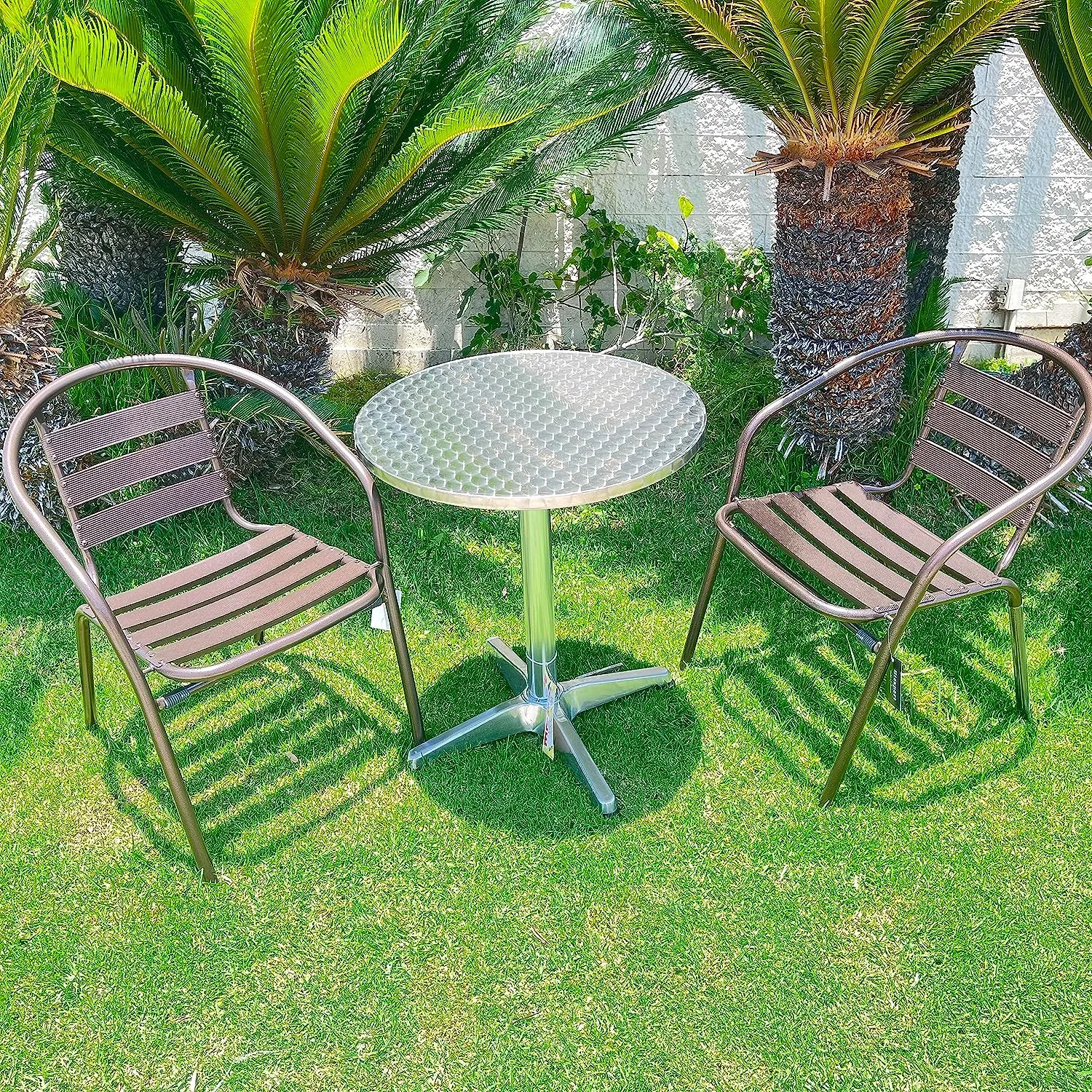 BTExpert Indoor Outdoor 23.75" Round Restaurant Table Stainless Steel Silver Aluminum   2 Bronze Metal Slat Stack Chairs Commercial Lightweight