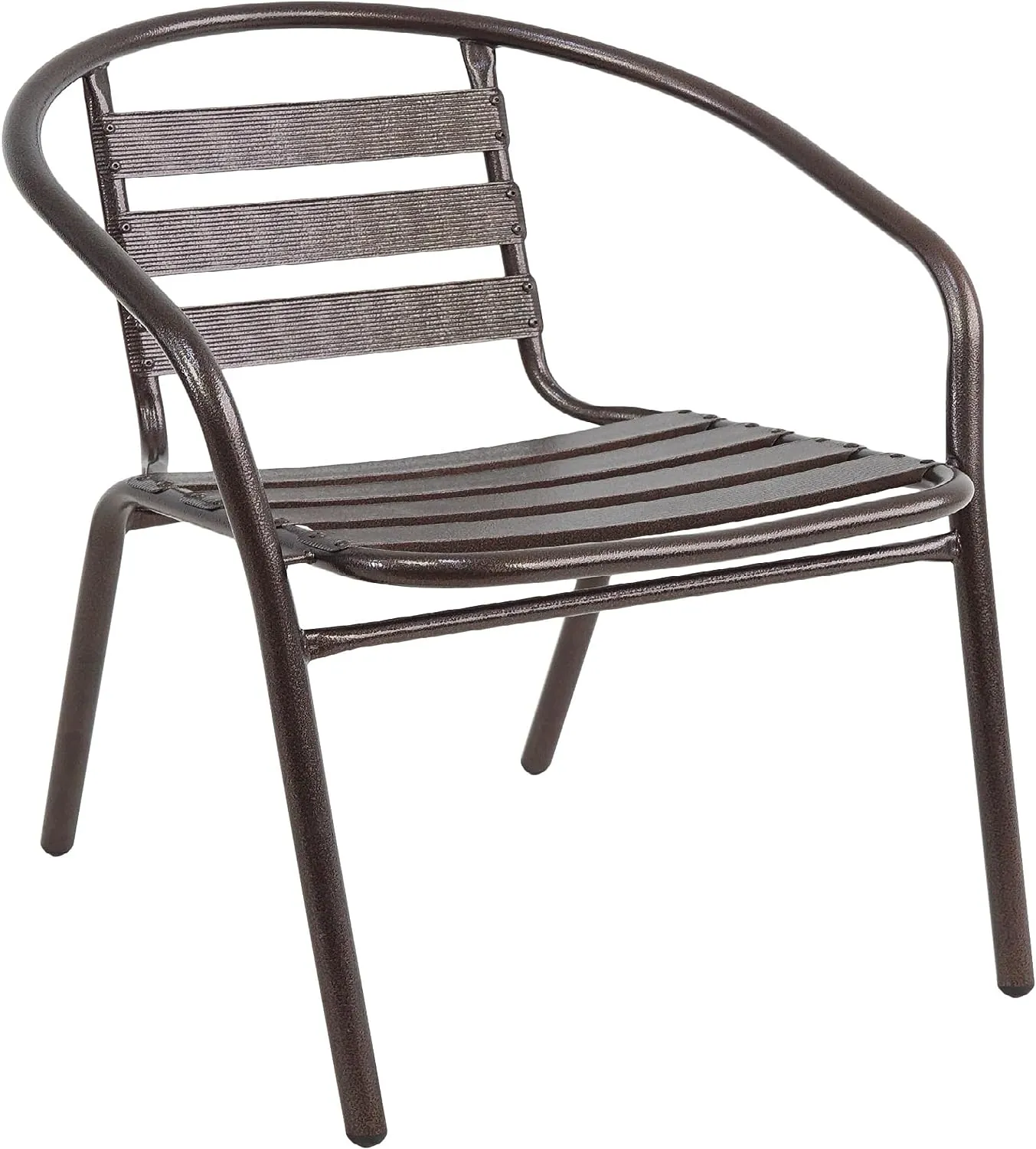BTExpert Indoor Outdoor 23.75" Round Restaurant Table Stainless Steel Silver Aluminum   2 Bronze Metal Slat Stack Chairs Commercial Lightweight