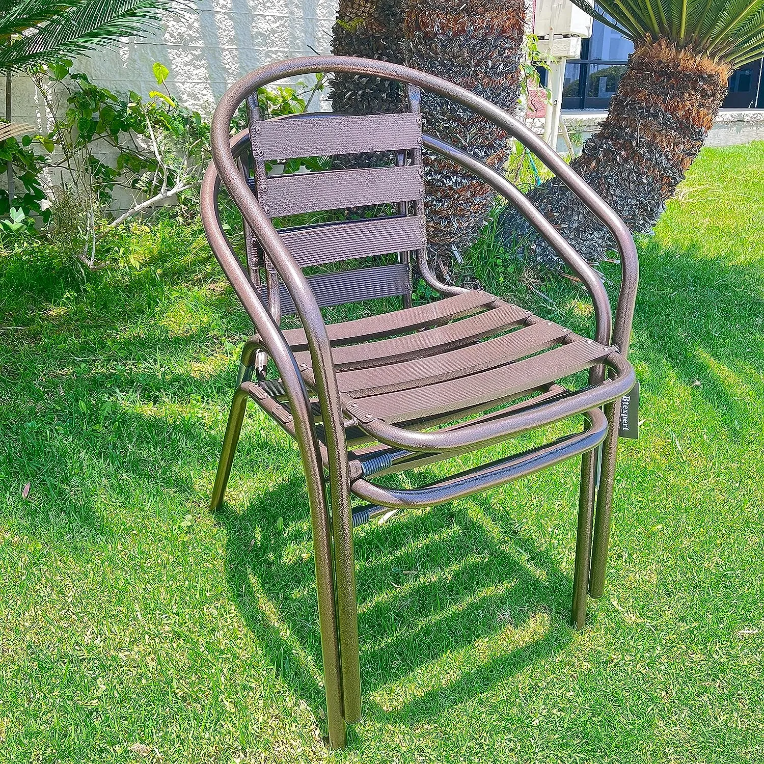 BTExpert Indoor Outdoor 23.75" Round Restaurant Table Stainless Steel Silver Aluminum   2 Bronze Metal Slat Stack Chairs Commercial Lightweight