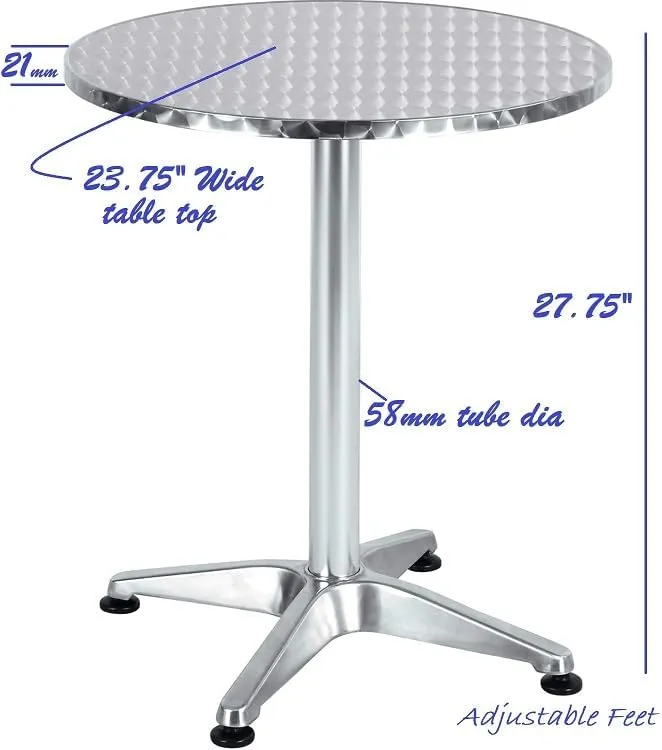 BTExpert Indoor Outdoor 23.75" Round Restaurant Table Stainless Steel Silver Aluminum   2 Bronze Metal Slat Stack Chairs Commercial Lightweight
