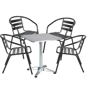 BTExpert Indoor Outdoor 23.75" Square Restaurant Table Stainless Steel Silver Aluminum   Black Metal Aluminum Slat Stack Chairs Commercial Lightweight