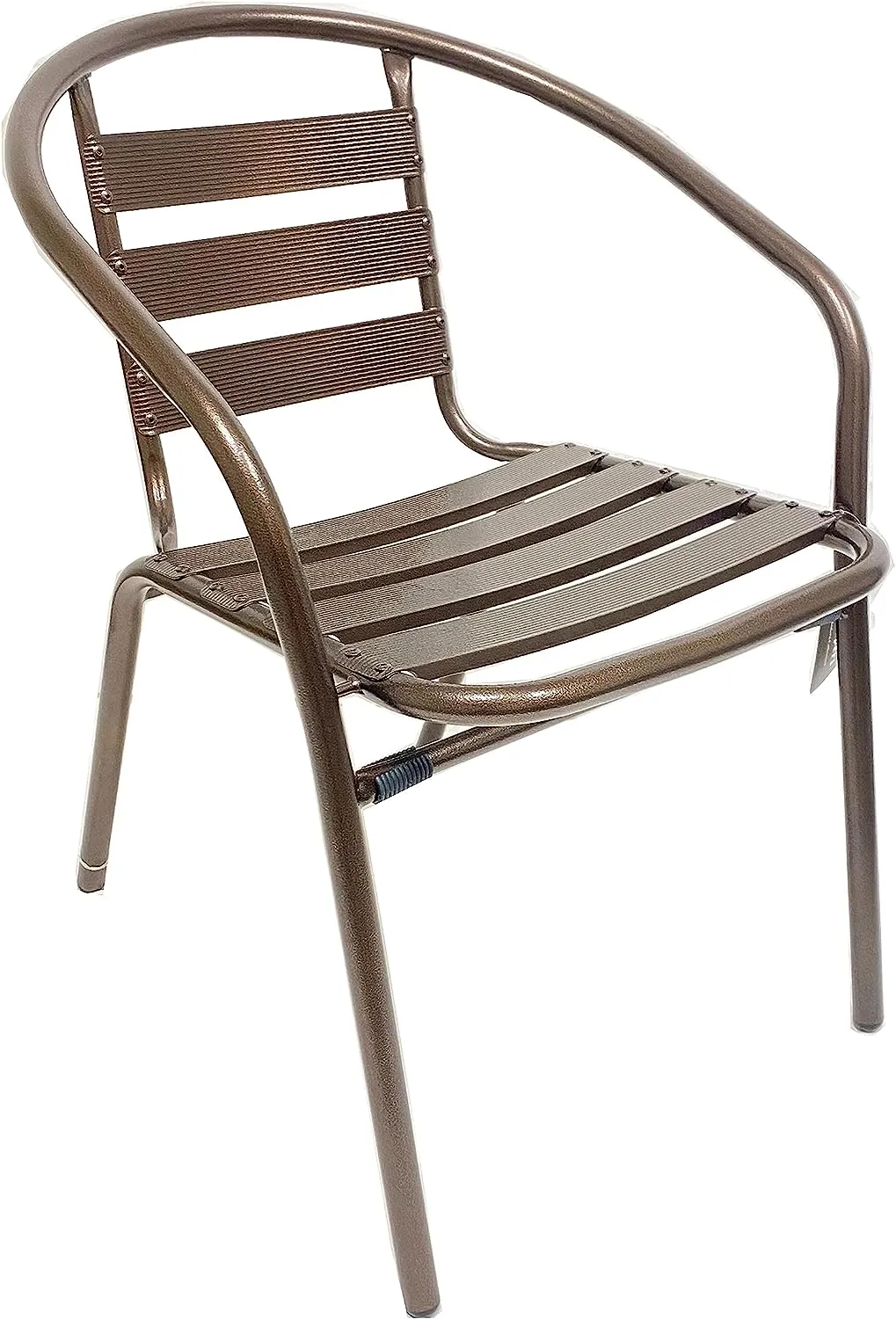 BTExpert Indoor Outdoor 27.5" Square Restaurant Table Stainless Steel Silver Aluminum   3 Bronze Metal Slat Stack Chairs Commercial Lightweight