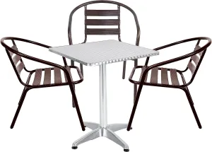 BTExpert Indoor Outdoor 27.5" Square Restaurant Table Stainless Steel Silver Aluminum   3 Bronze Metal Slat Stack Chairs Commercial Lightweight