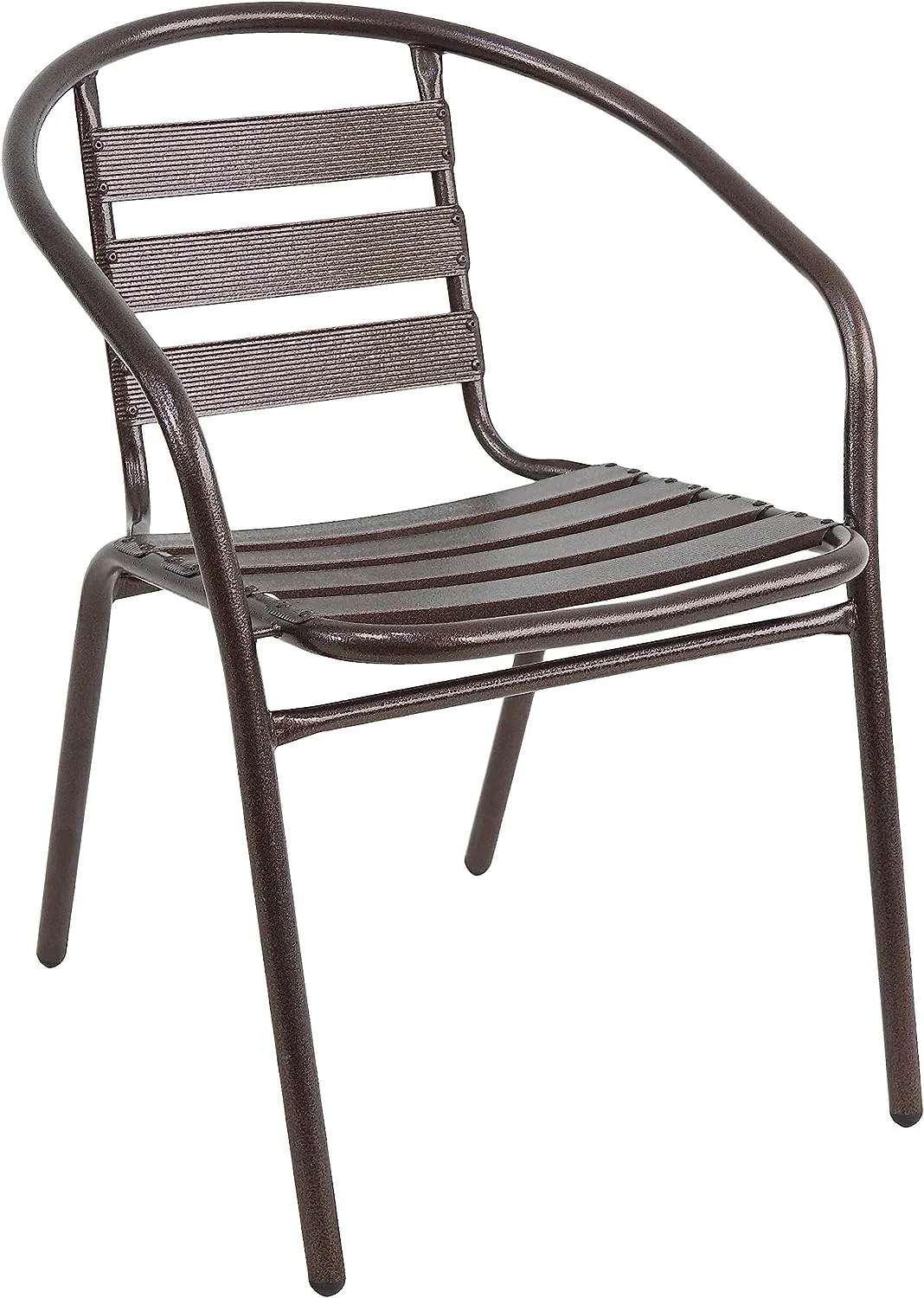 BTExpert Indoor Outdoor 27.5" Square Restaurant Table Stainless Steel Silver Aluminum   3 Bronze Metal Slat Stack Chairs Commercial Lightweight