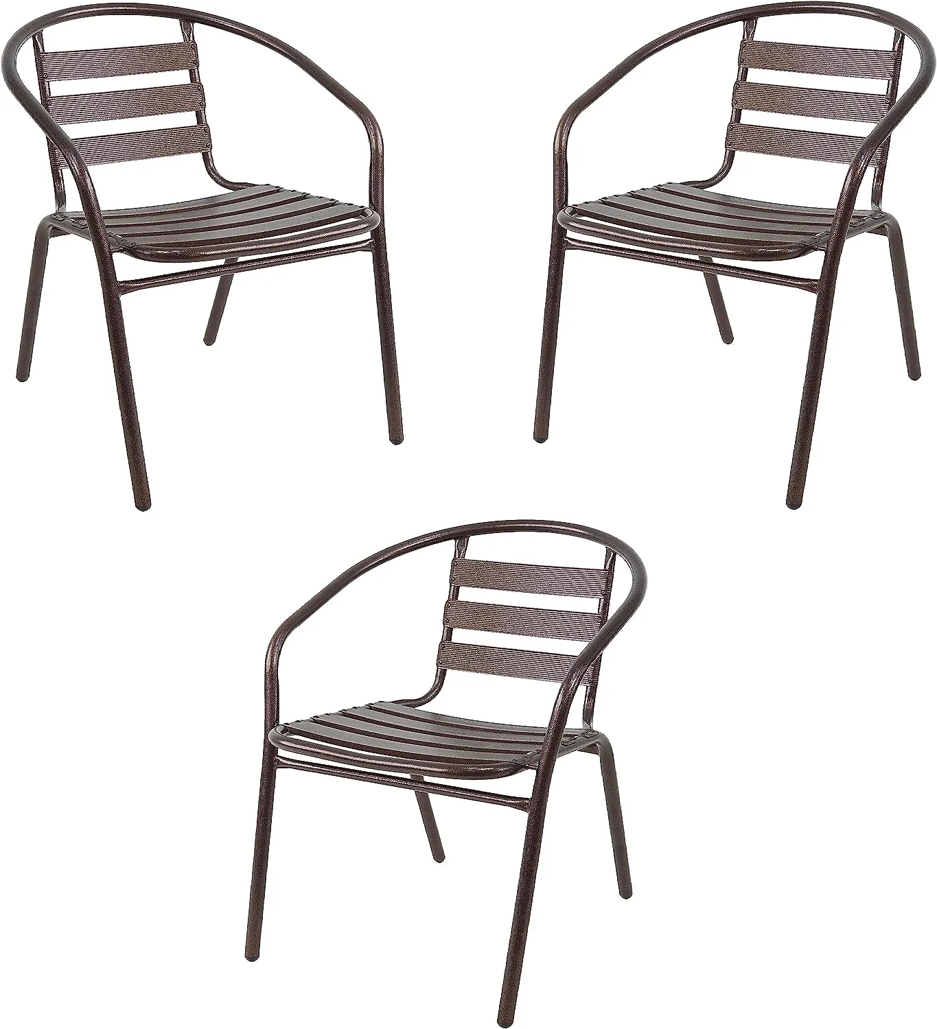 BTExpert Indoor Outdoor 27.5" Square Restaurant Table Stainless Steel Silver Aluminum   3 Bronze Metal Slat Stack Chairs Commercial Lightweight
