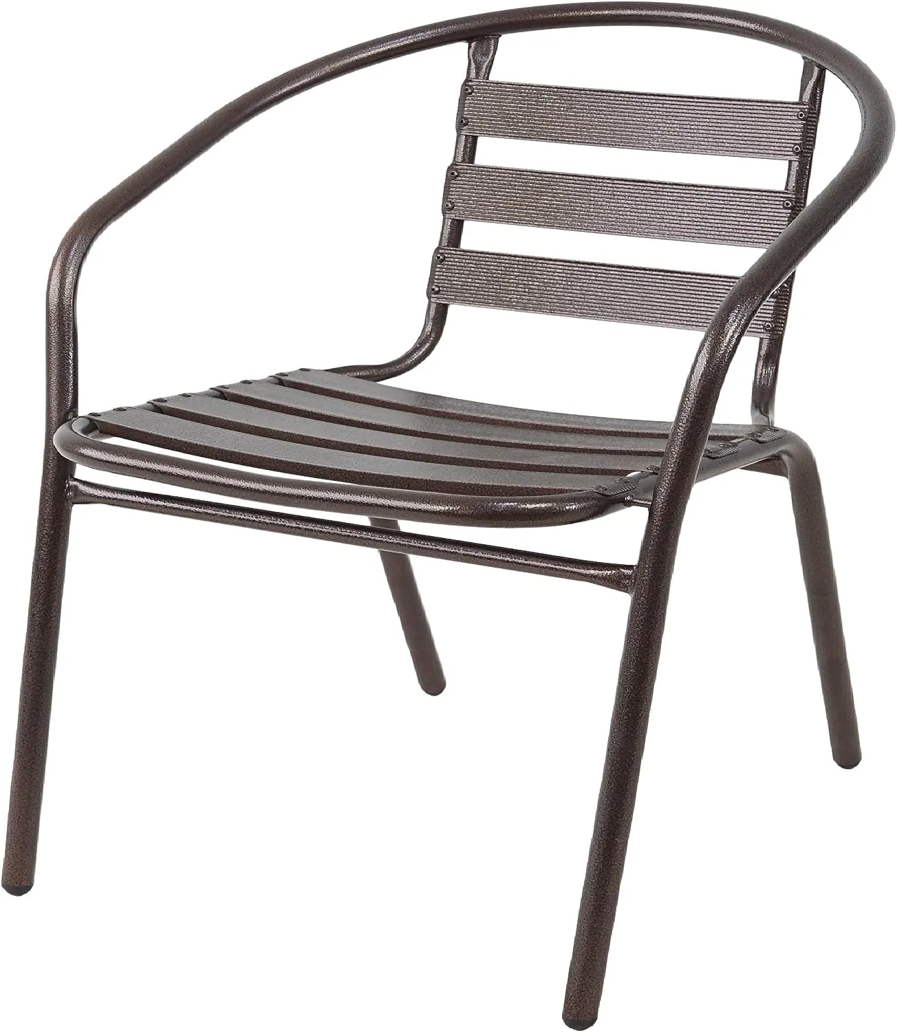 BTExpert Indoor Outdoor 27.5" Square Restaurant Table Stainless Steel Silver Aluminum   3 Bronze Metal Slat Stack Chairs Commercial Lightweight