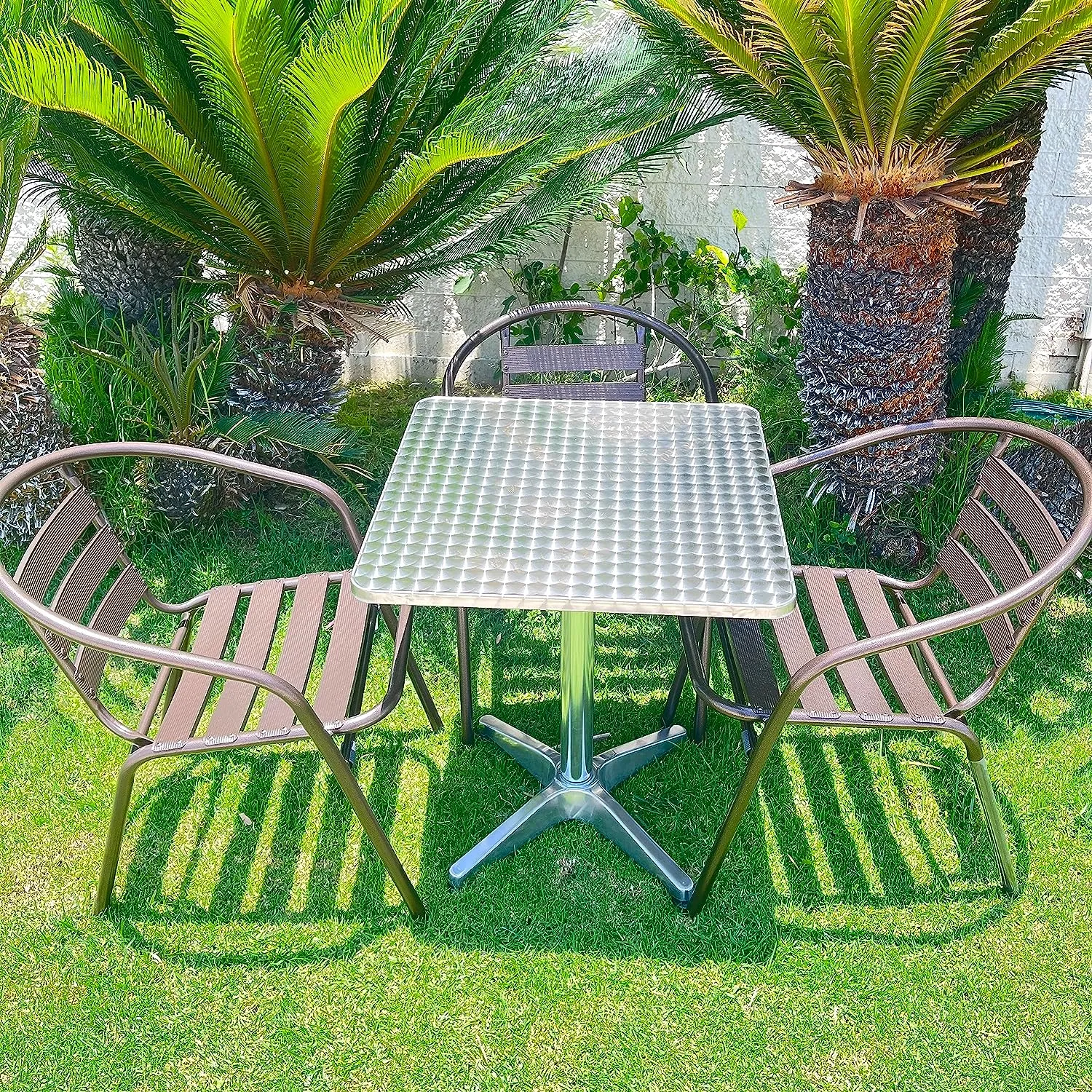 BTExpert Indoor Outdoor 27.5" Square Restaurant Table Stainless Steel Silver Aluminum   3 Bronze Metal Slat Stack Chairs Commercial Lightweight