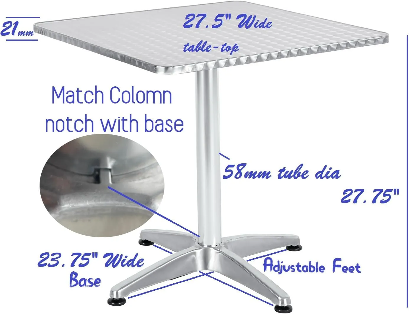 BTExpert Indoor Outdoor 27.5" Square Restaurant Table Stainless Steel Silver Aluminum   3 Bronze Metal Slat Stack Chairs Commercial Lightweight