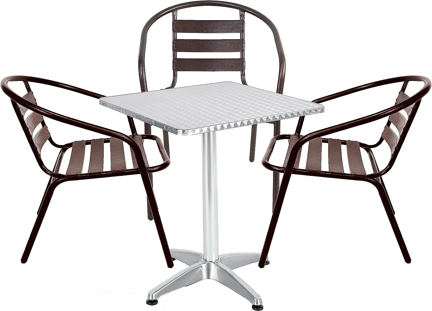 BTExpert Indoor Outdoor 27.5" Square Restaurant Table Stainless Steel Silver Aluminum   3 Bronze Metal Slat Stack Chairs Commercial Lightweight