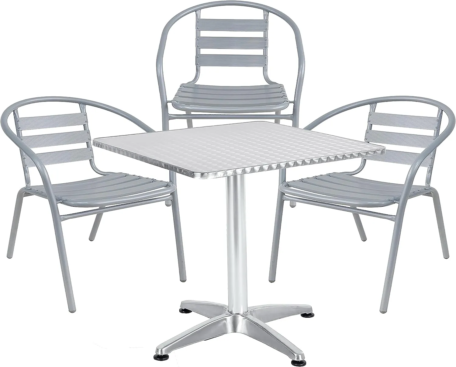 BTExpert Indoor Outdoor 27.5" Square Restaurant Table Stainless Steel Silver Aluminum   3 Silver Gray Metal Slat Stack Chairs Commercial Lightweight