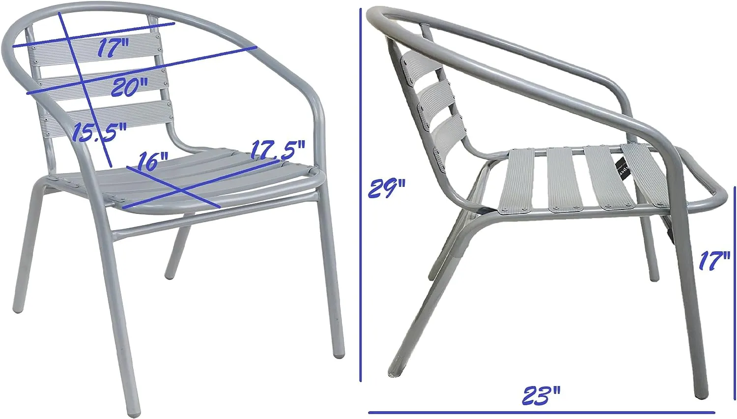 BTExpert Indoor Outdoor 27.5" Square Restaurant Table Stainless Steel Silver Aluminum   3 Silver Gray Metal Slat Stack Chairs Commercial Lightweight