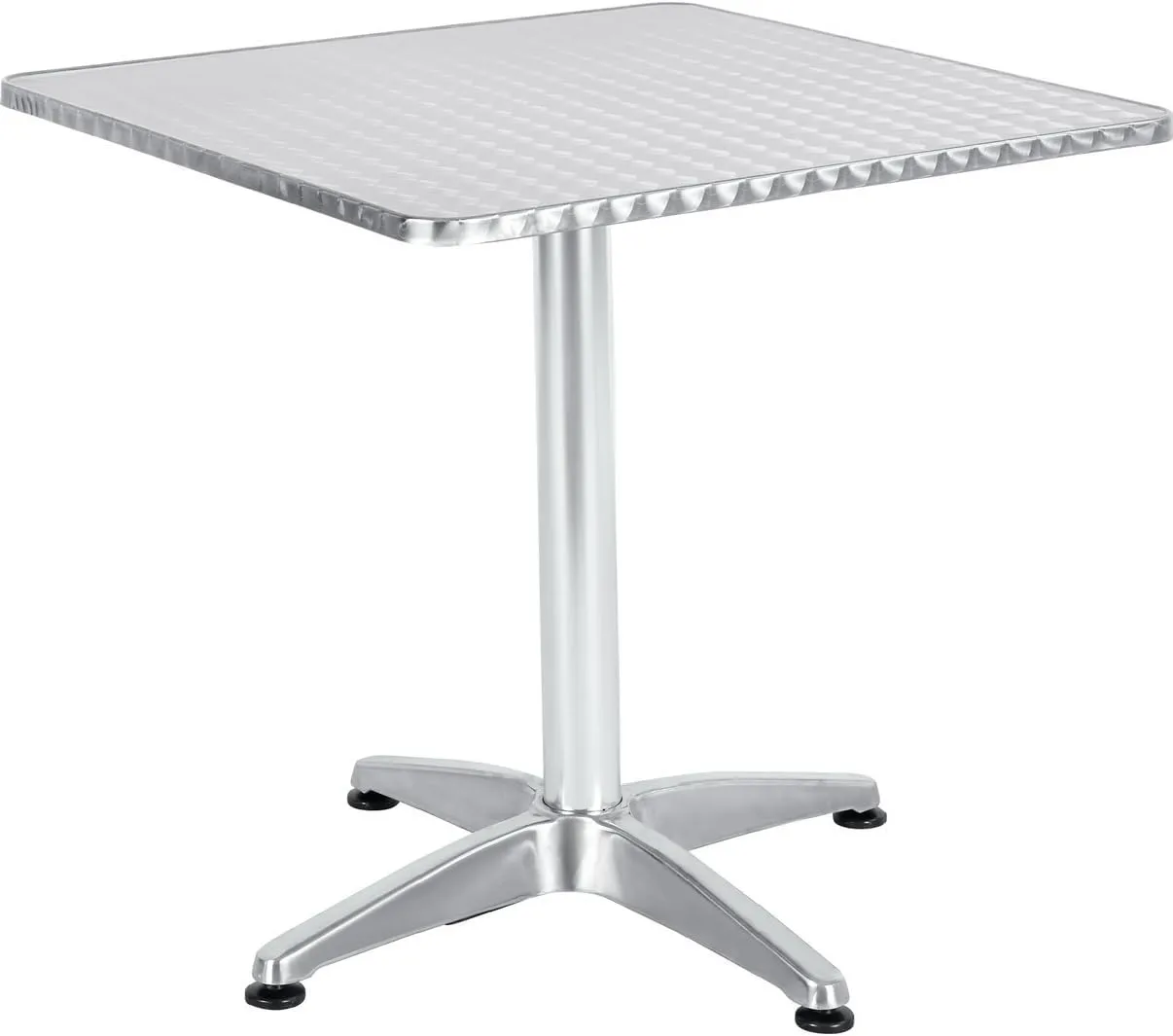 BTExpert Indoor Outdoor 27.5" Square Restaurant Table Stainless Steel Silver Aluminum   3 Silver Gray Metal Slat Stack Chairs Commercial Lightweight