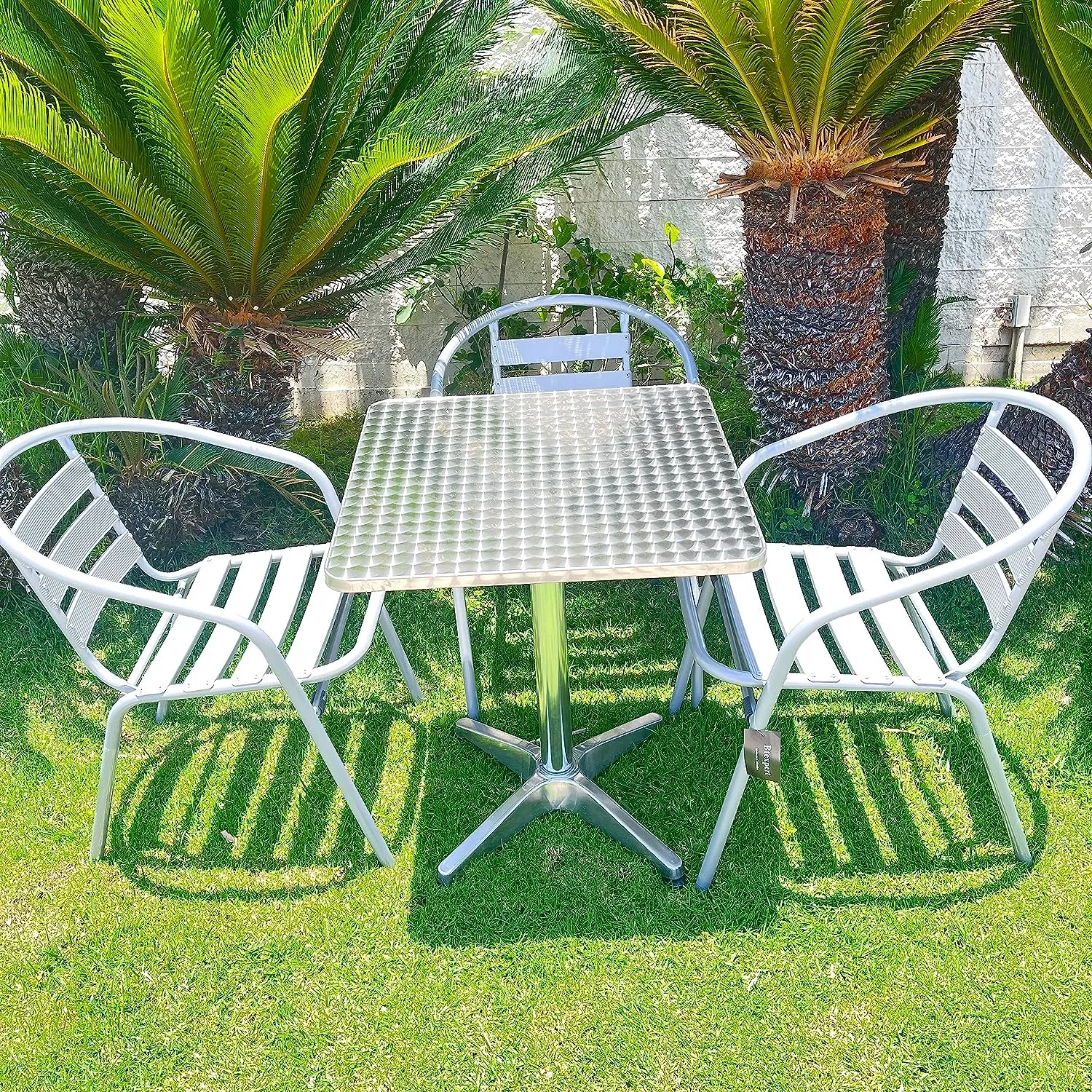 BTExpert Indoor Outdoor 27.5" Square Restaurant Table Stainless Steel Silver Aluminum   3 Silver Gray Metal Slat Stack Chairs Commercial Lightweight