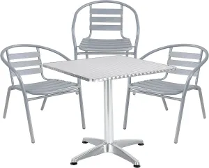 BTExpert Indoor Outdoor 27.5" Square Restaurant Table Stainless Steel Silver Aluminum   3 Silver Gray Metal Slat Stack Chairs Commercial Lightweight