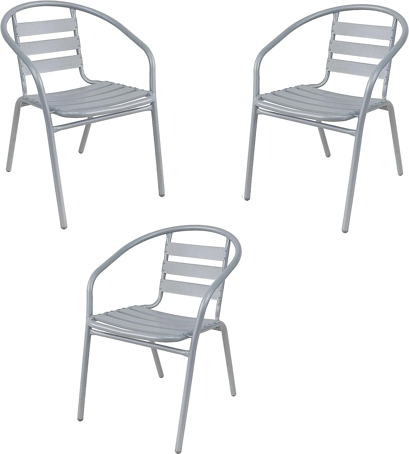 BTExpert Indoor Outdoor 27.5" Square Restaurant Table Stainless Steel Silver Aluminum   3 Silver Gray Metal Slat Stack Chairs Commercial Lightweight