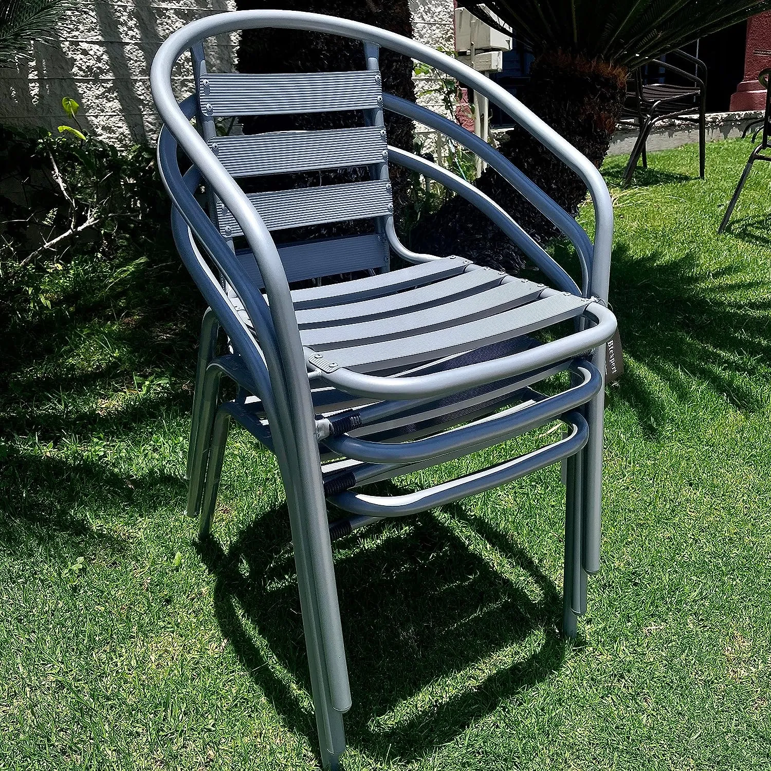 BTExpert Indoor Outdoor 27.5" Square Restaurant Table Stainless Steel Silver Aluminum   3 Silver Gray Metal Slat Stack Chairs Commercial Lightweight