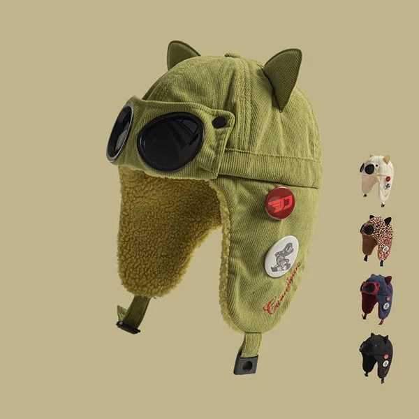 Cat Ear Aviator Hat - Faux Fur Lined - Goggles Included - Outdoor Warmth