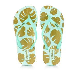 Coloko Ixora Mint Green & Gold Leaf Ergonomic Footbed Flip-Flops