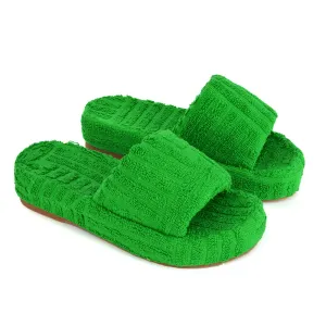 Darla Terry Towelling Sliders Beach Platform Flat Sandals Slippers In Green