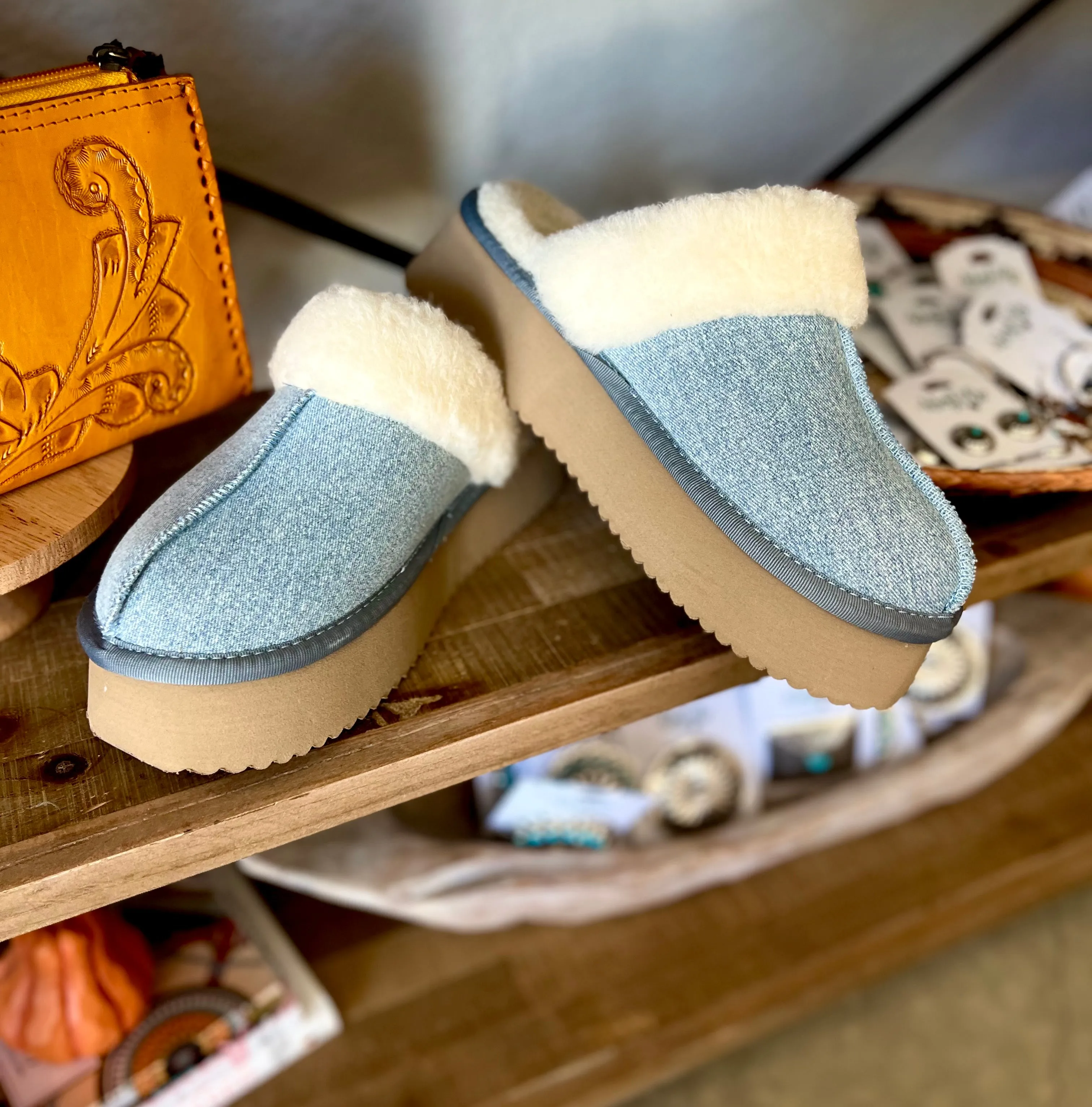 Denim Fur Lined Slippers