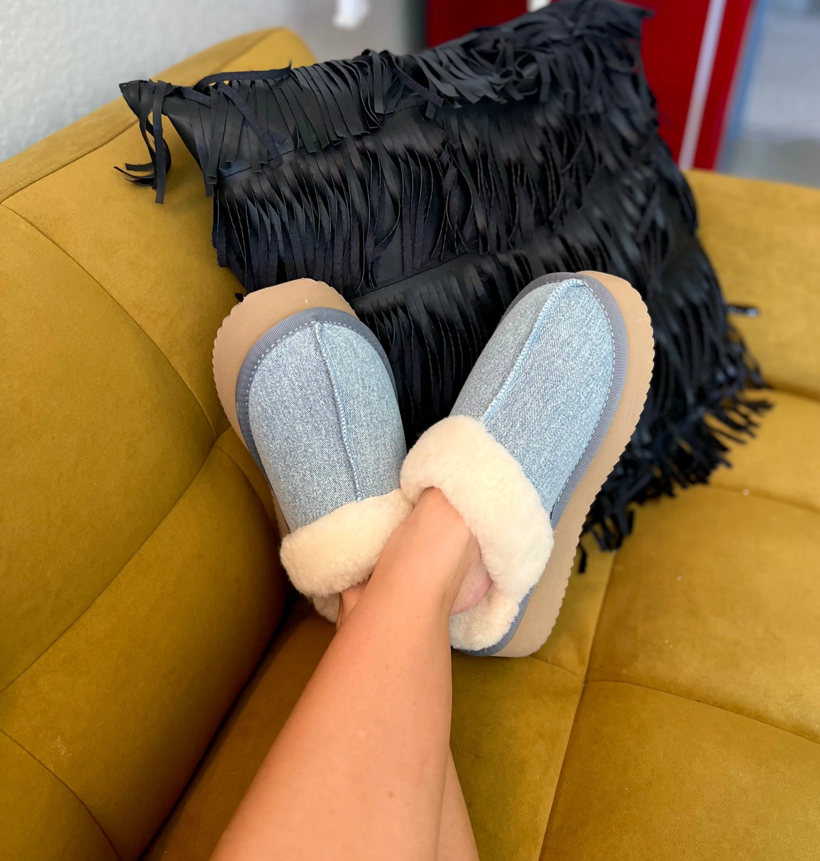 Denim Fur Lined Slippers
