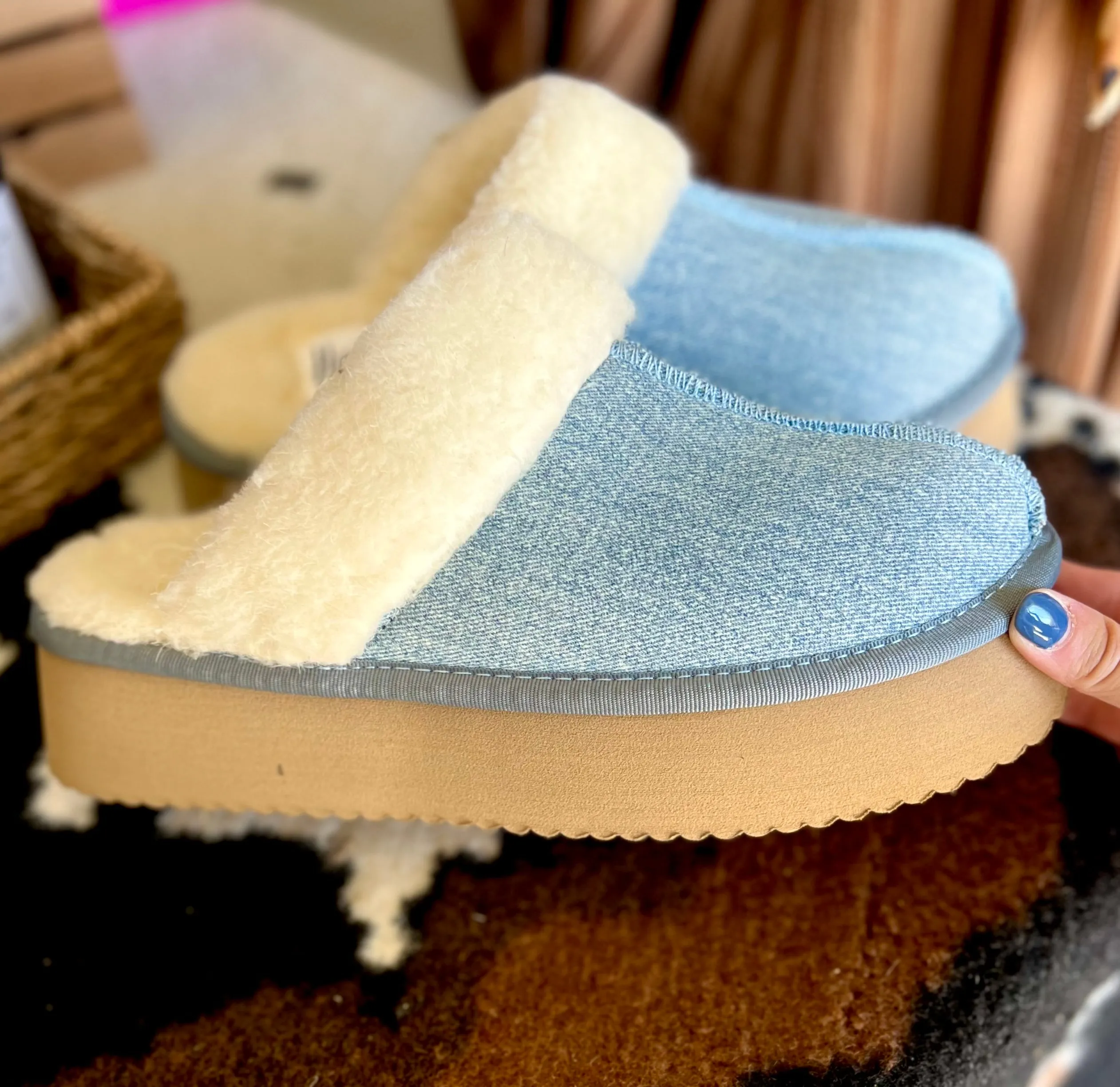 Denim Fur Lined Slippers