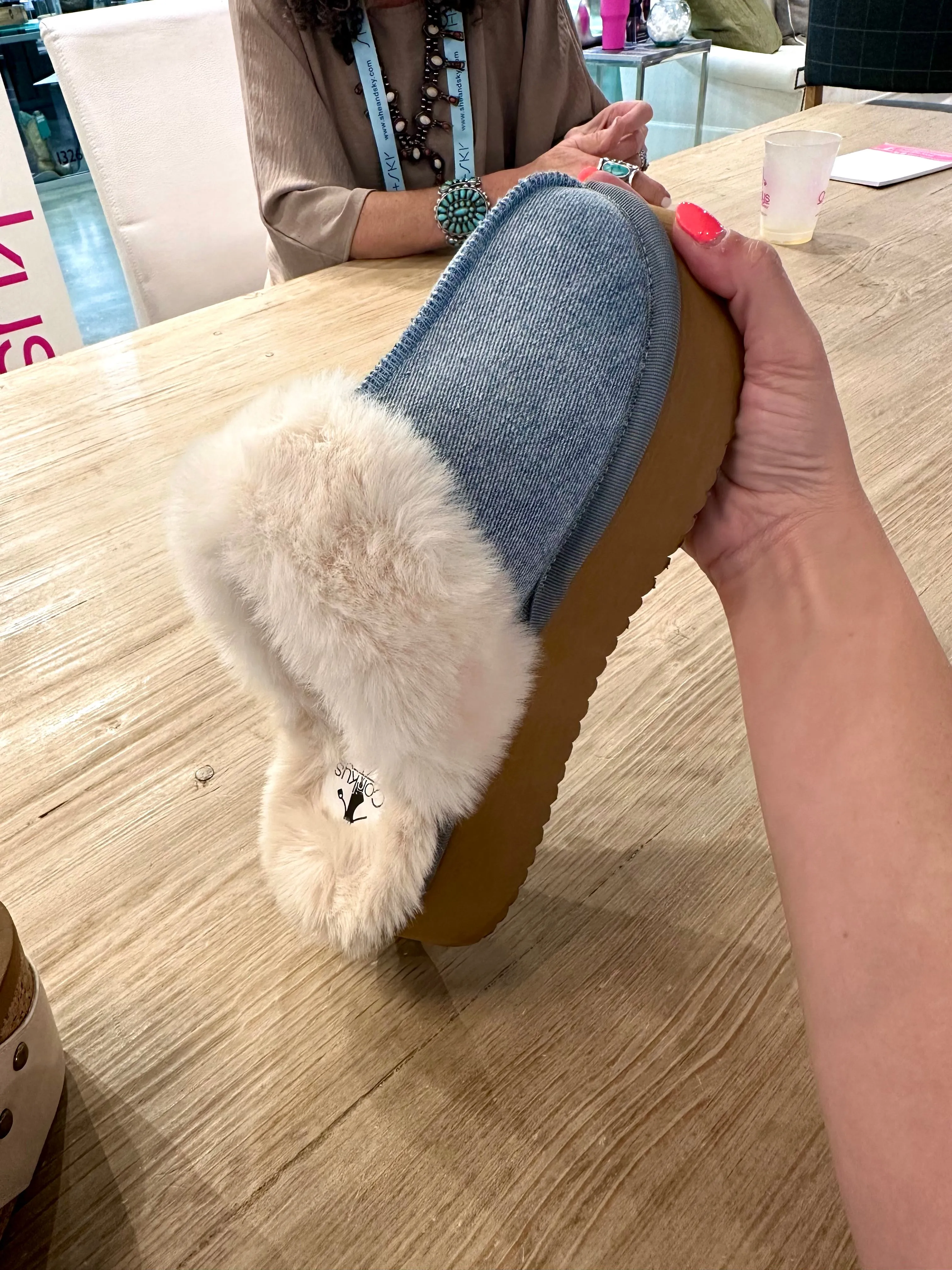 Denim Fur Lined Slippers