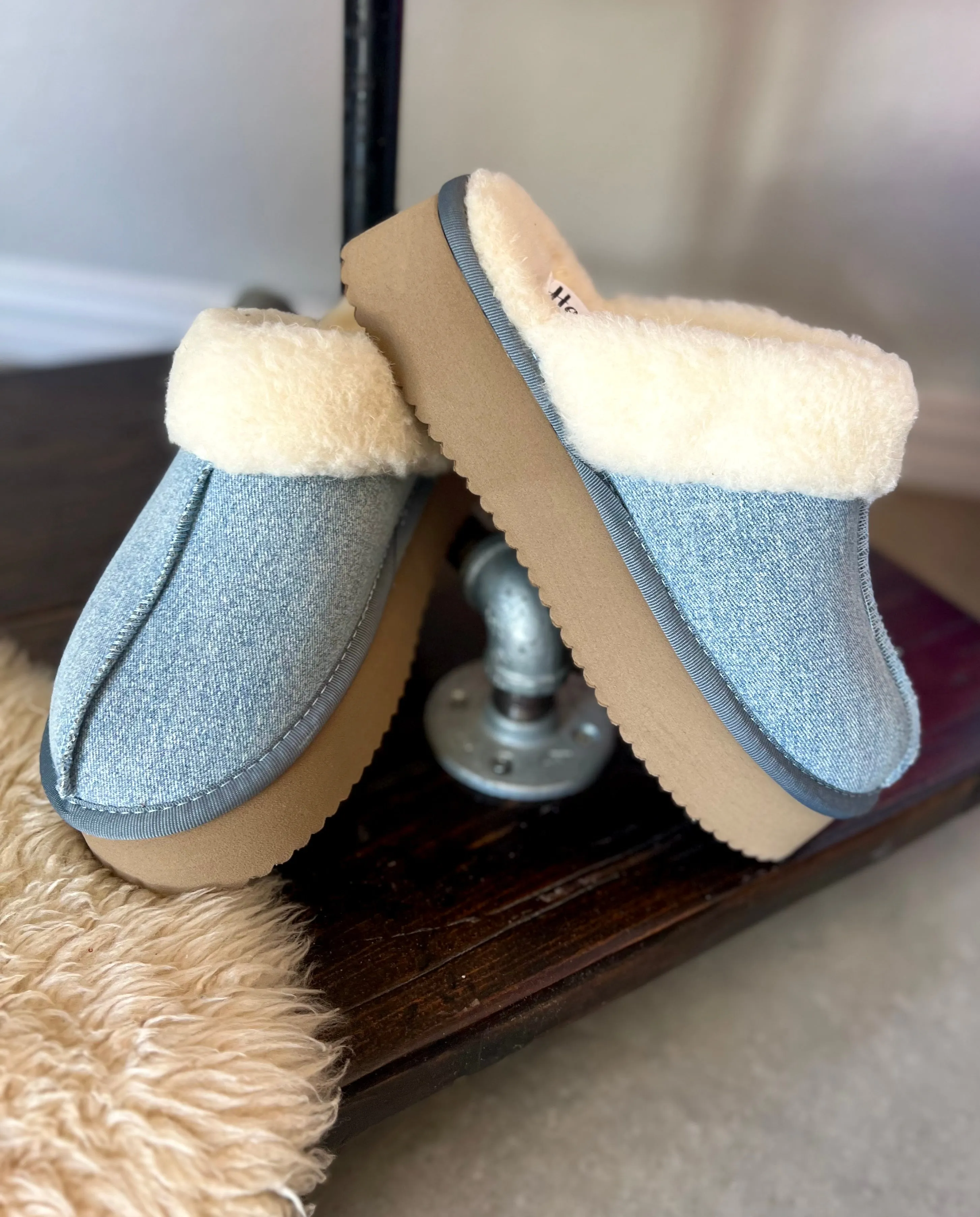Denim Fur Lined Slippers