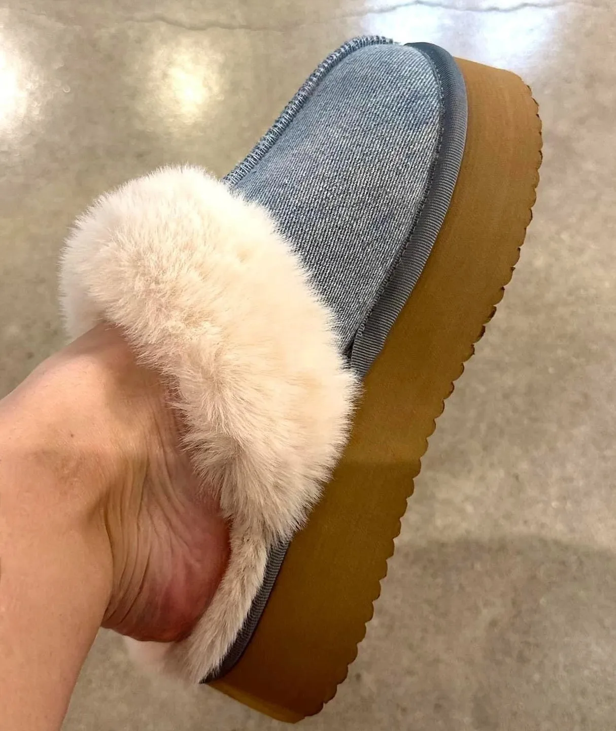 Denim Fur Lined Slippers