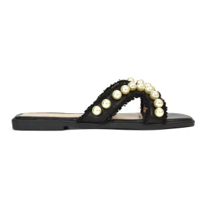 Elmas Cut Out Strap Flat Sandals Diamante Pearl Fringe Summer Shoes in Black