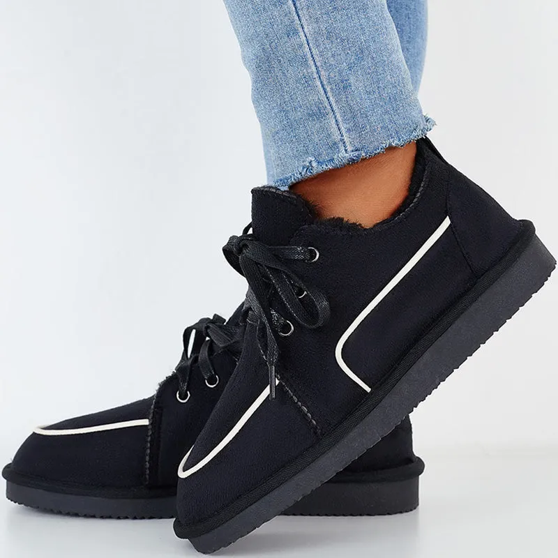 Flat Lace Up Snow Boots Warm Faux Fur Lined Loafer Shoes