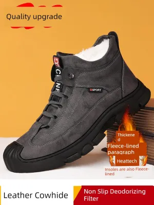Langtamai Men's Winter Snow Shoes – Cowhide & Velvet Wool Soft Bottom Warm-Keeping Shoes | Casual High-Top Leather Boots with Thick Sole & Shoelace Closure