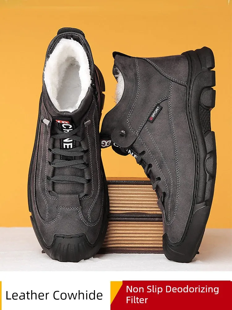 Langtamai Men's Winter Snow Shoes – Cowhide & Velvet Wool Soft Bottom Warm-Keeping Shoes | Casual High-Top Leather Boots with Thick Sole & Shoelace Closure